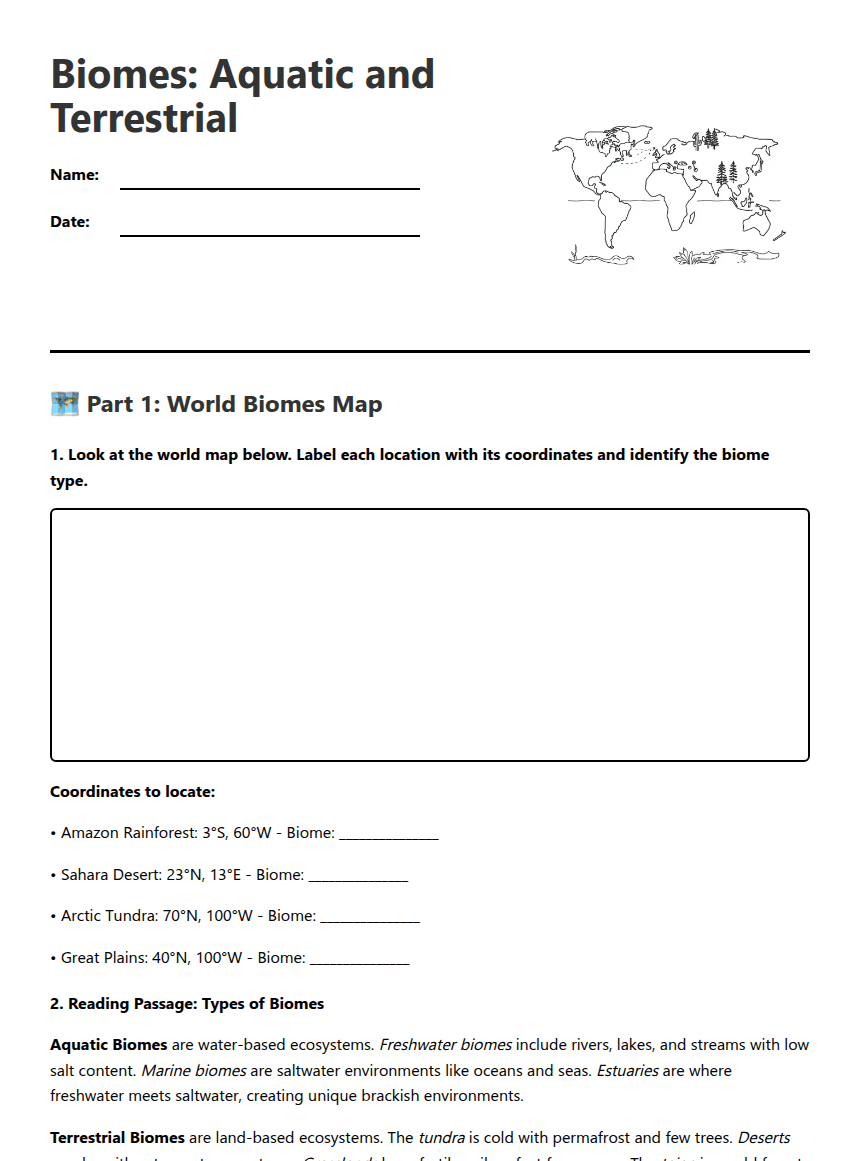Biomes: Aquatic and Terrestrial worksheet preview