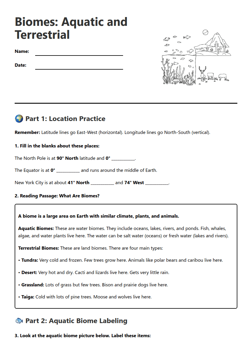 Biomes: Aquatic and Terrestrial worksheet preview