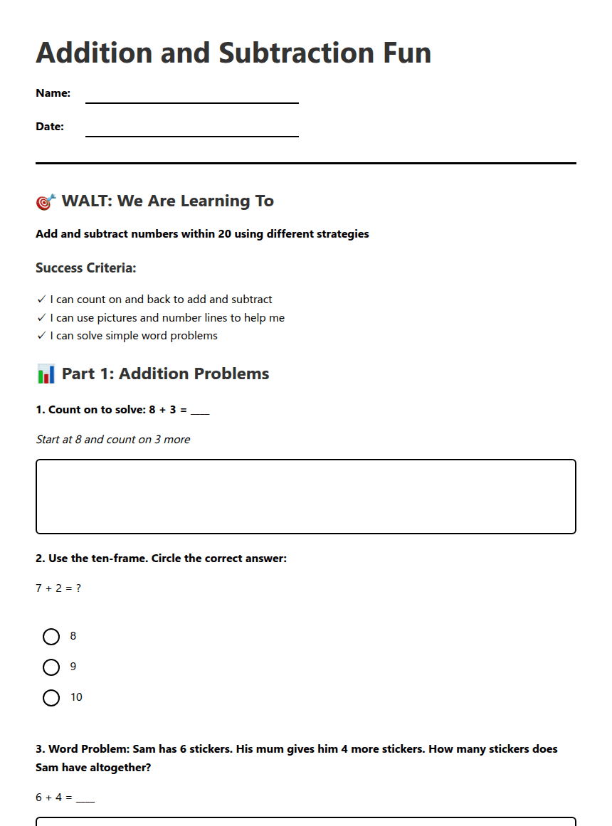 Addition and Subtraction Fun worksheet preview