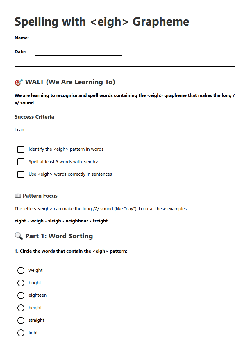 Spelling with <eigh> Grapheme worksheet preview