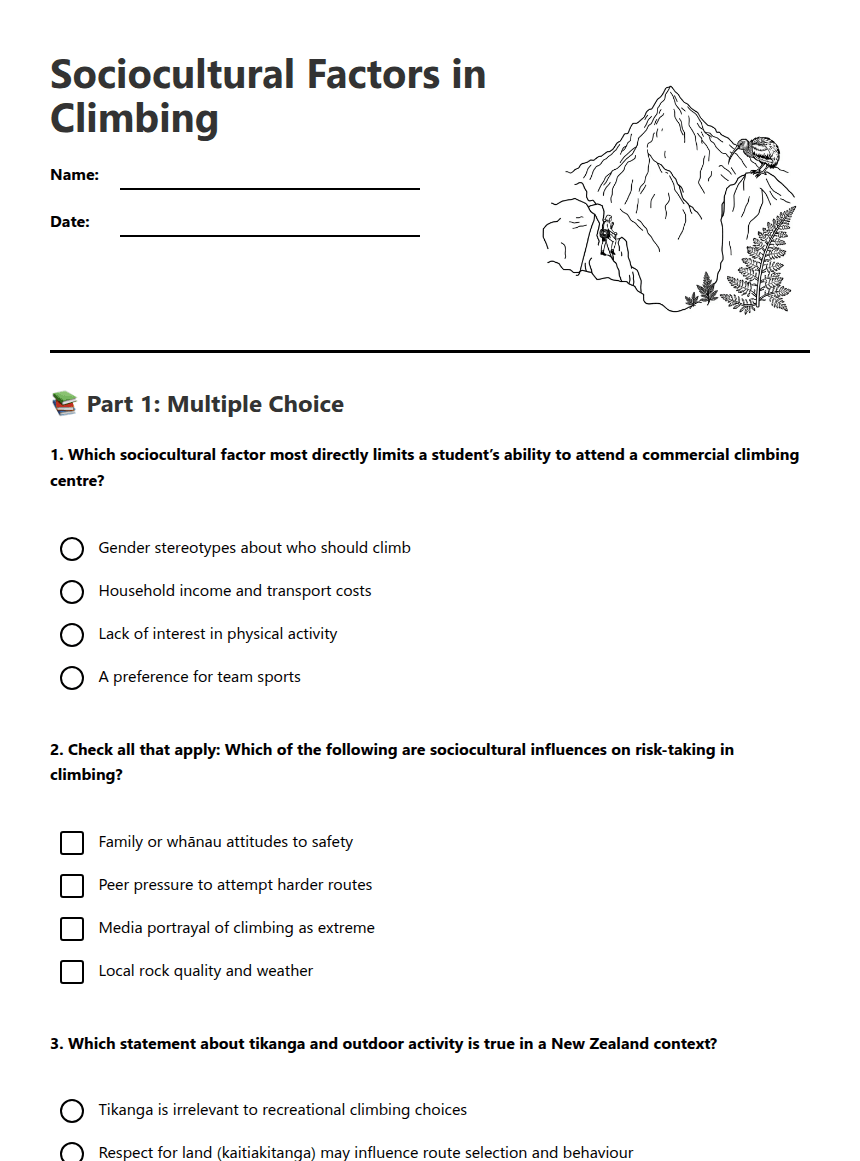 Sociocultural Factors in Climbing worksheet preview