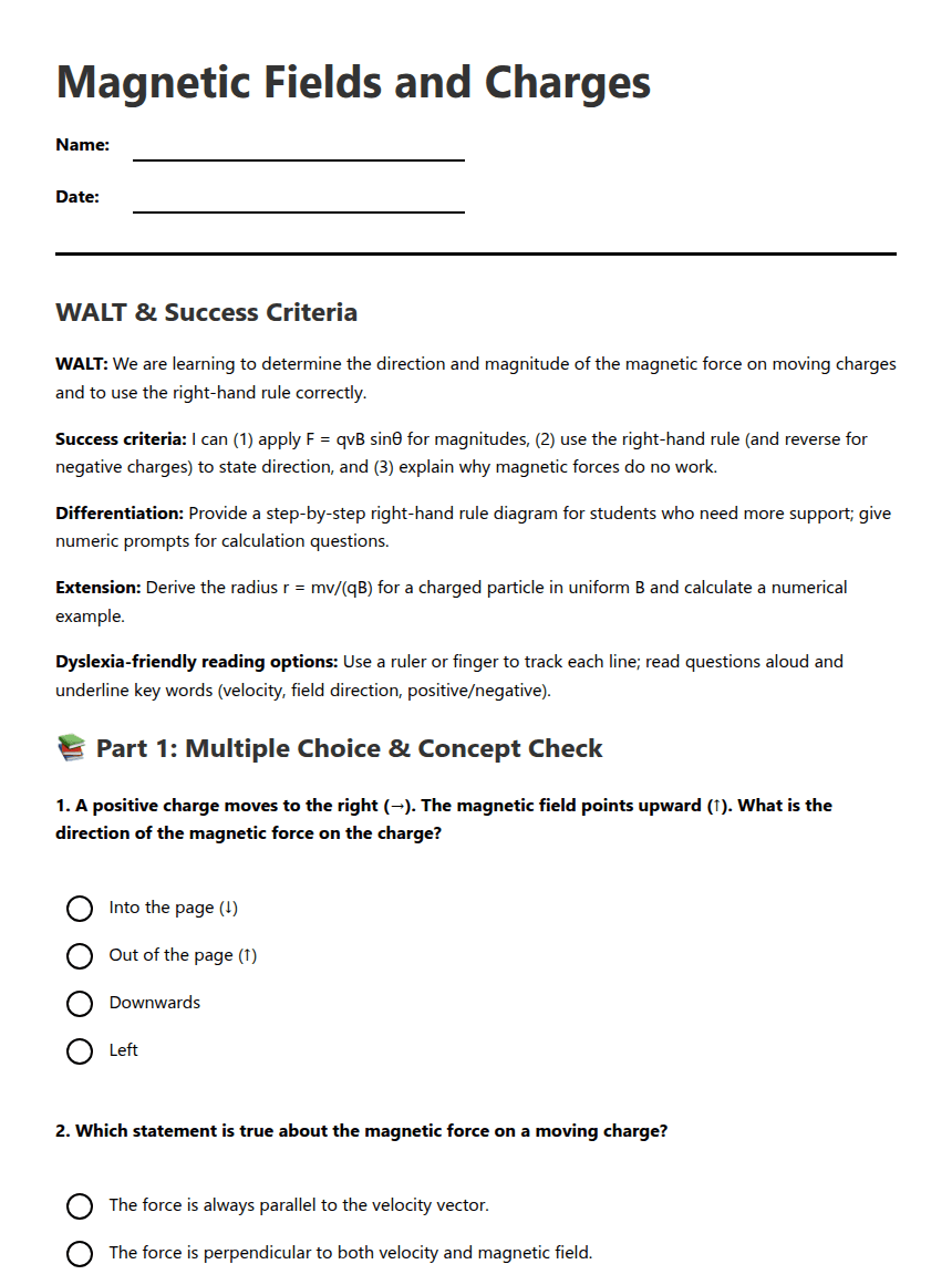 Magnetic Fields and Charges worksheet preview