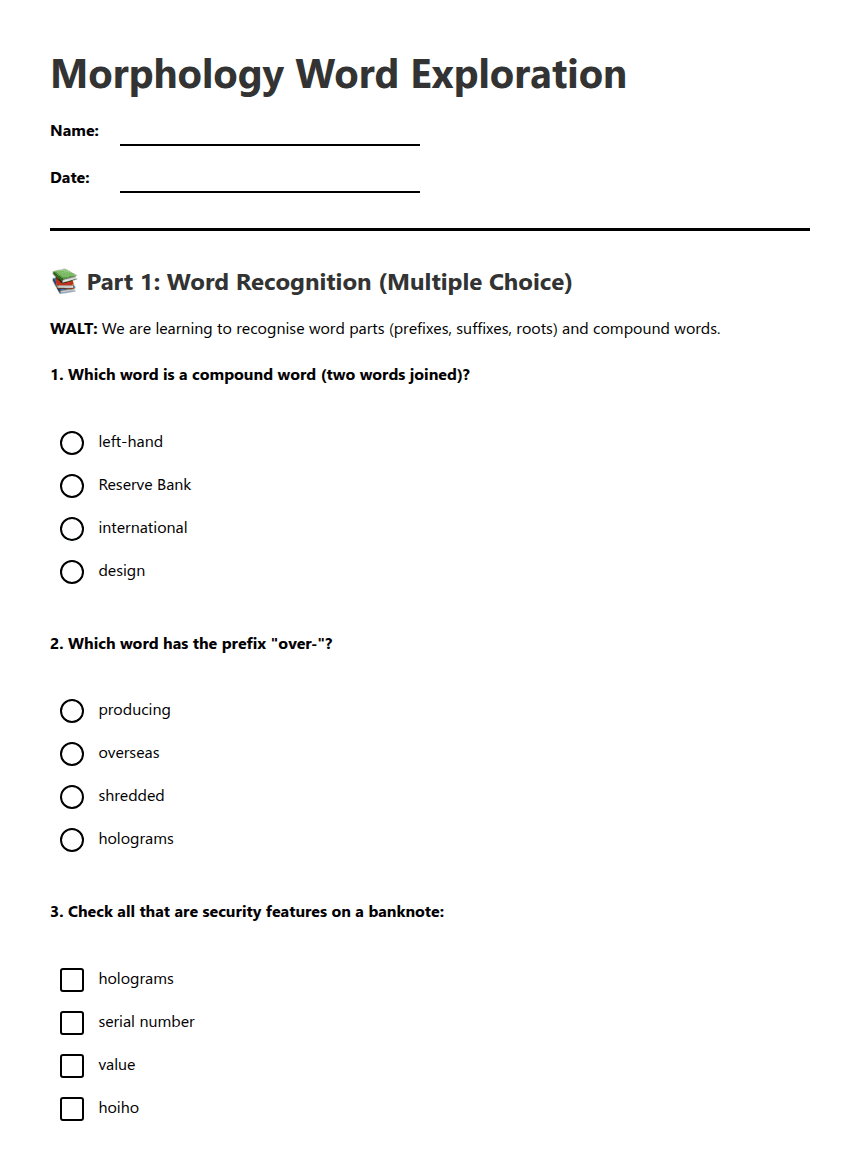 Morphology Word Exploration worksheet preview