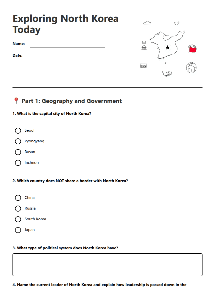 Exploring North Korea Today worksheet preview