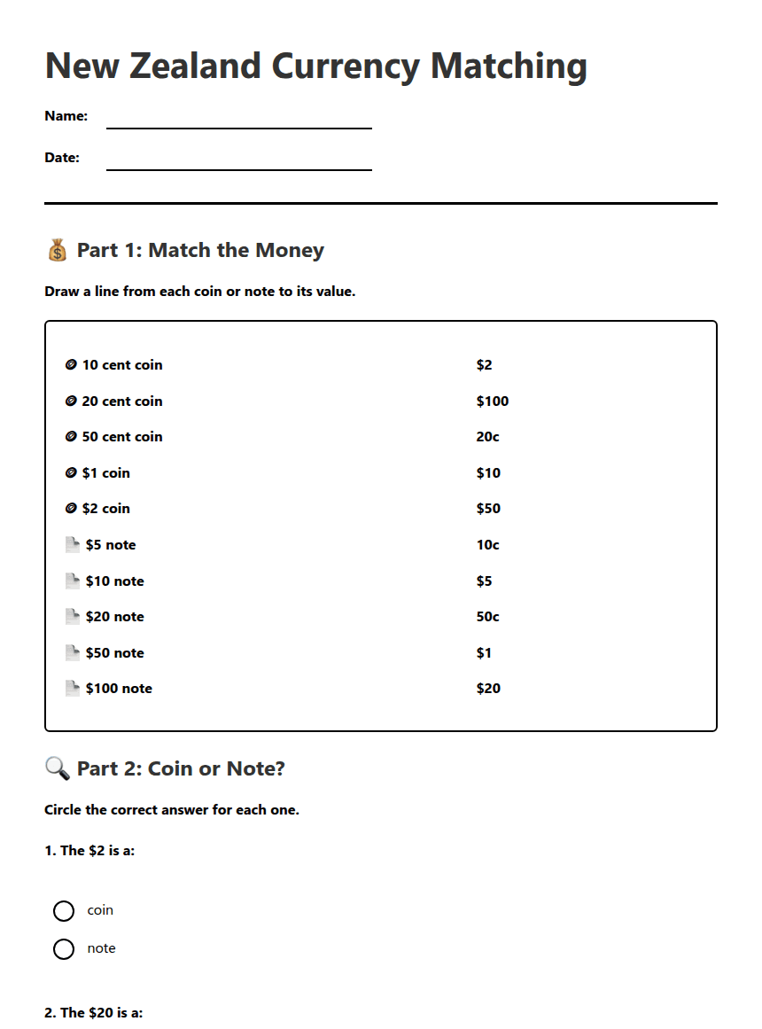 New Zealand Currency Matching worksheet preview