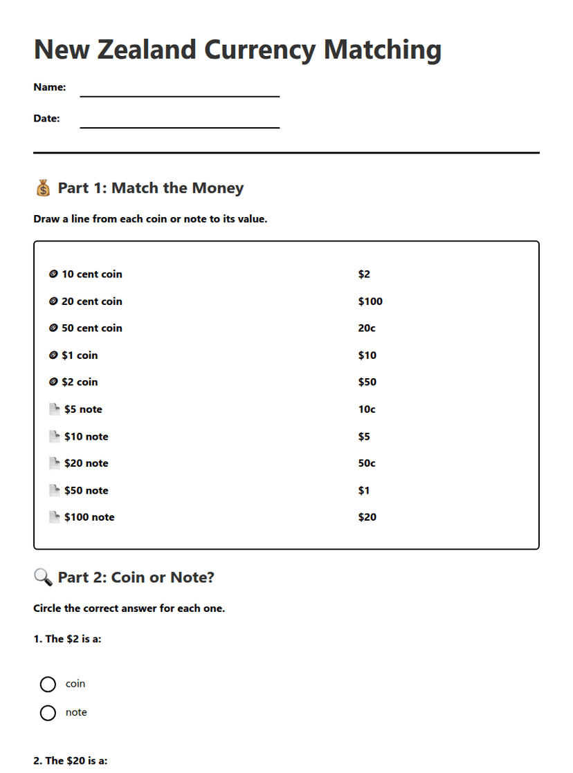 New Zealand Currency Matching