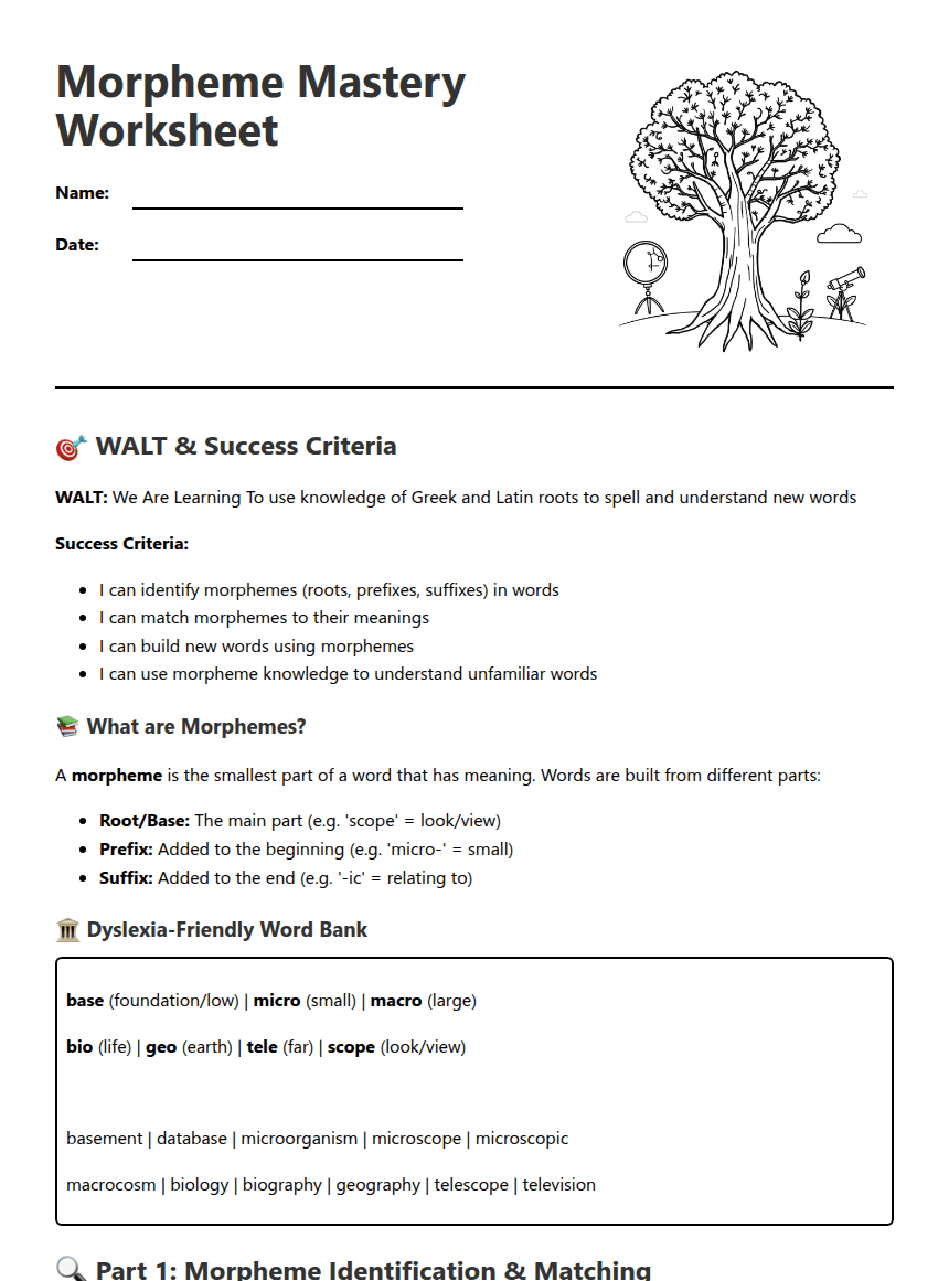 Morpheme Mastery Worksheet worksheet preview