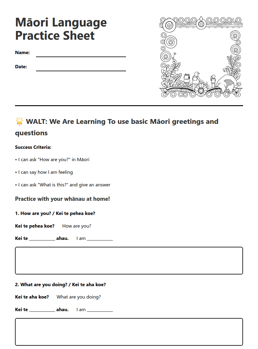 Māori Language Practice Sheet worksheet preview