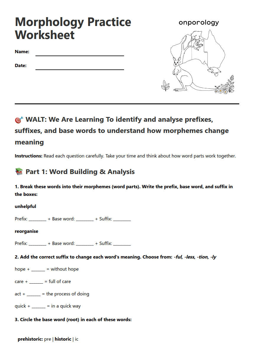 Morphology Practice Worksheet worksheet preview