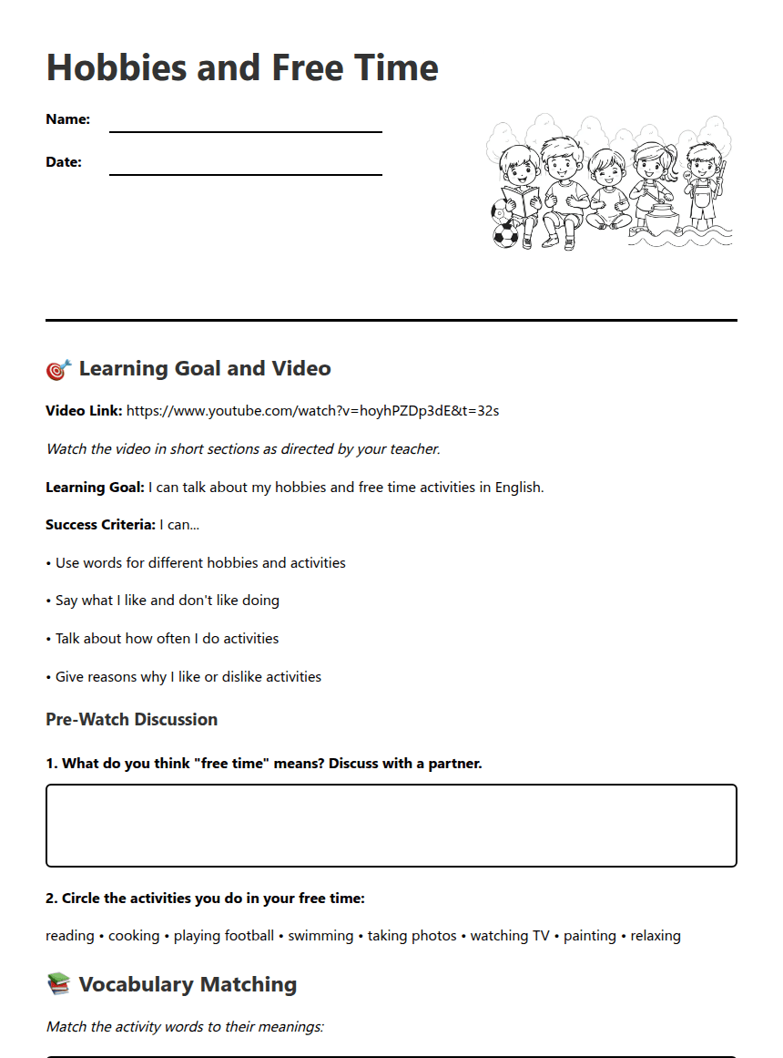 Hobbies and Free Time worksheet preview