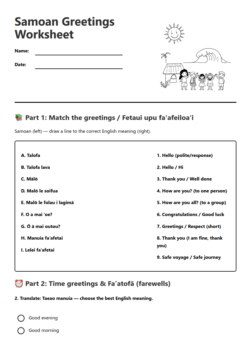 Samoan Greetings Worksheet worksheet preview