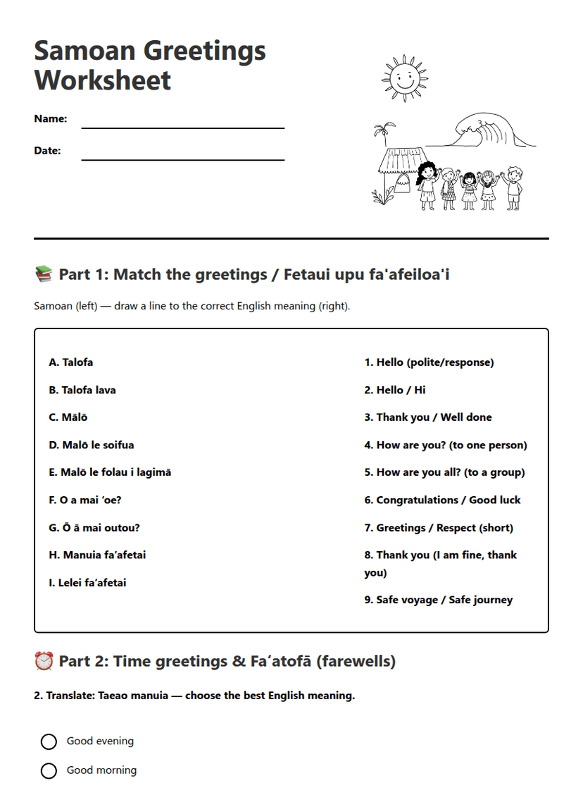 Samoan Greetings Worksheet