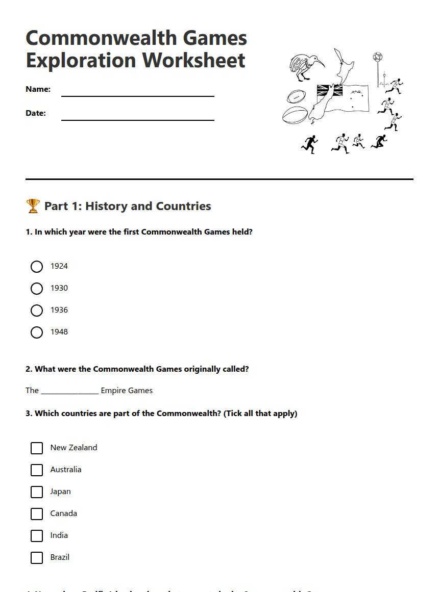 Commonwealth Games Exploration Worksheet worksheet preview