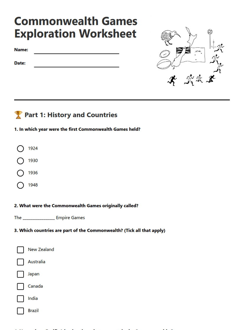 Commonwealth Games Exploration Worksheet