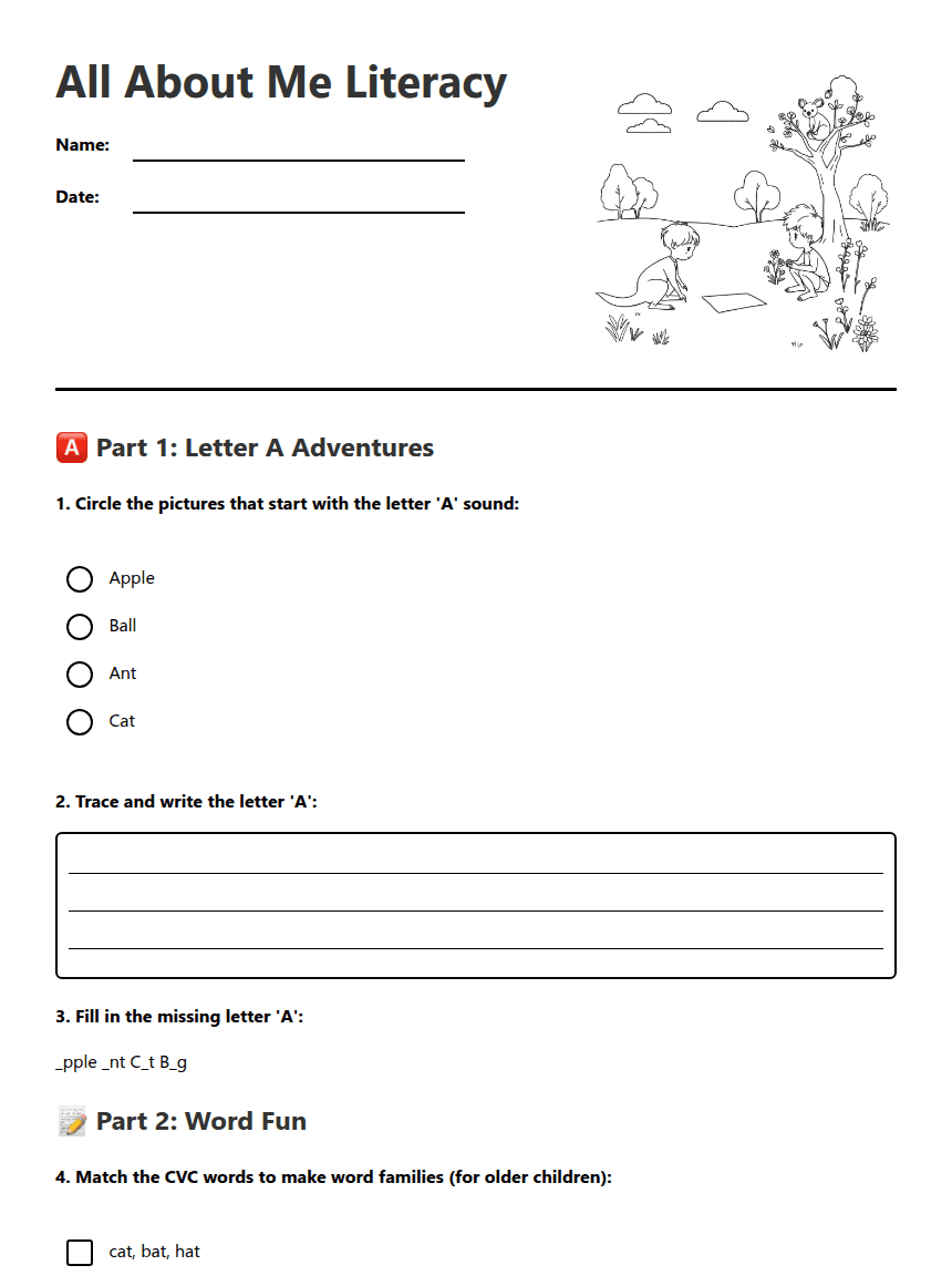 All About Me Literacy worksheet preview