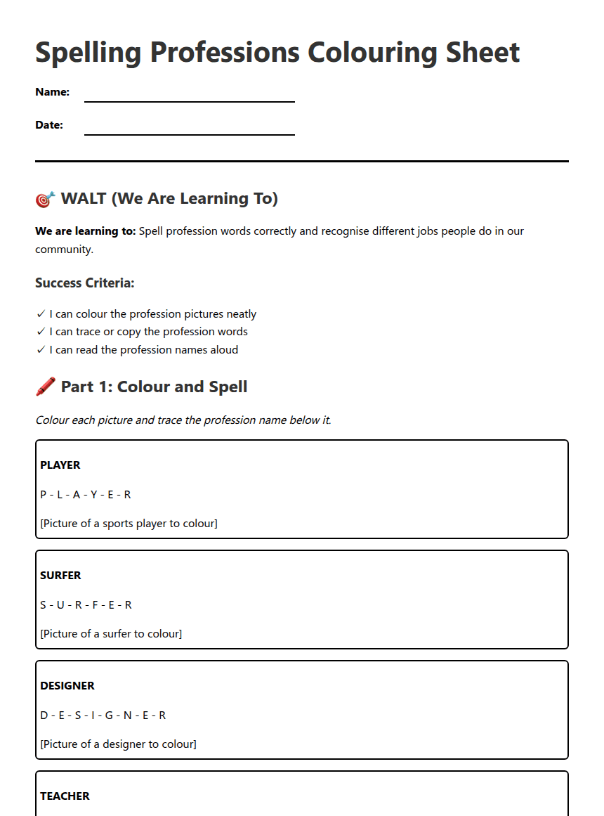 Spelling Professions Colouring Sheet worksheet preview