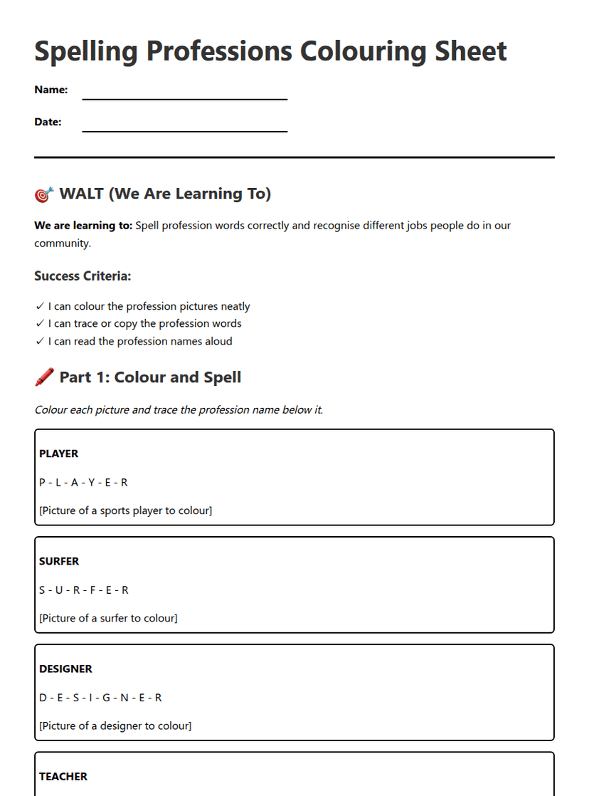 Spelling Professions Colouring Sheet