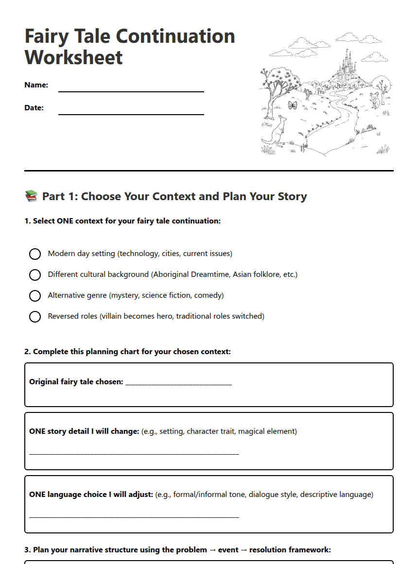Fairy Tale Continuation Worksheet worksheet preview