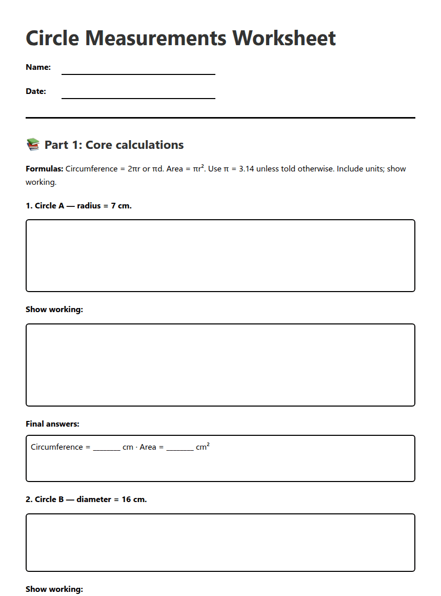 Circle Measurements Worksheet worksheet preview