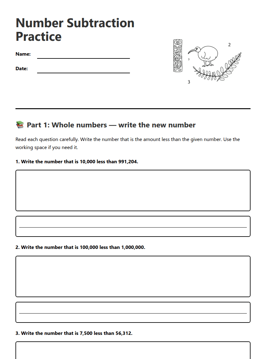 Number Subtraction Practice worksheet preview