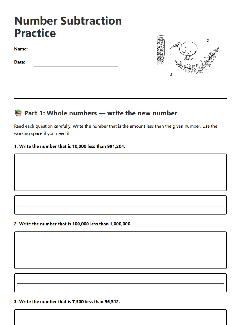 Number Subtraction Practice