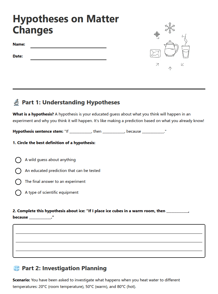 Hypotheses on Matter Changes worksheet preview