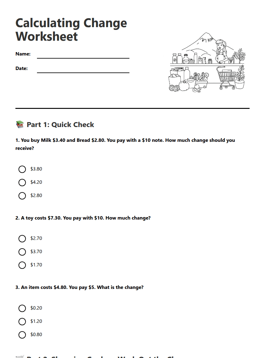 Calculating Change Worksheet worksheet preview