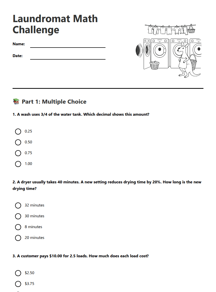 Laundromat Math Challenge worksheet preview