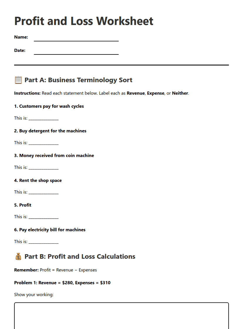Profit and Loss Worksheet