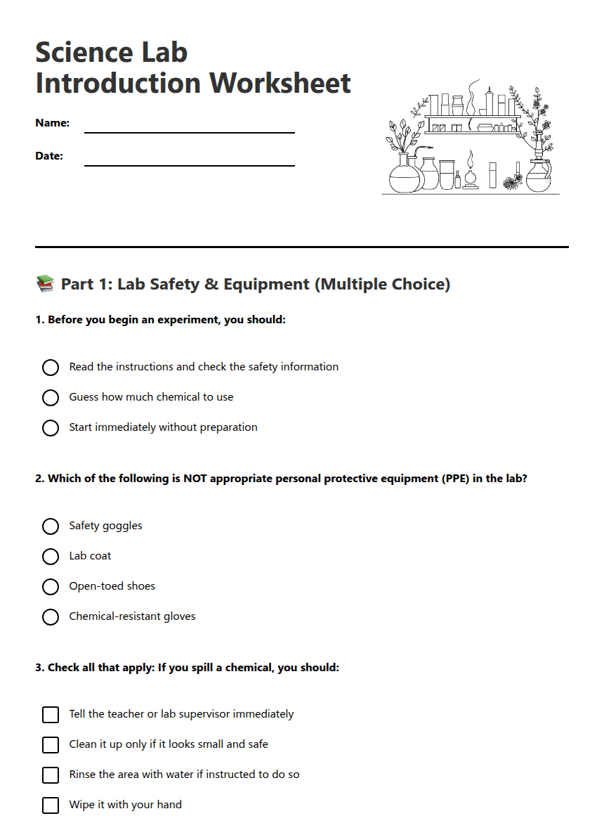 Science Lab Introduction Worksheet worksheet preview
