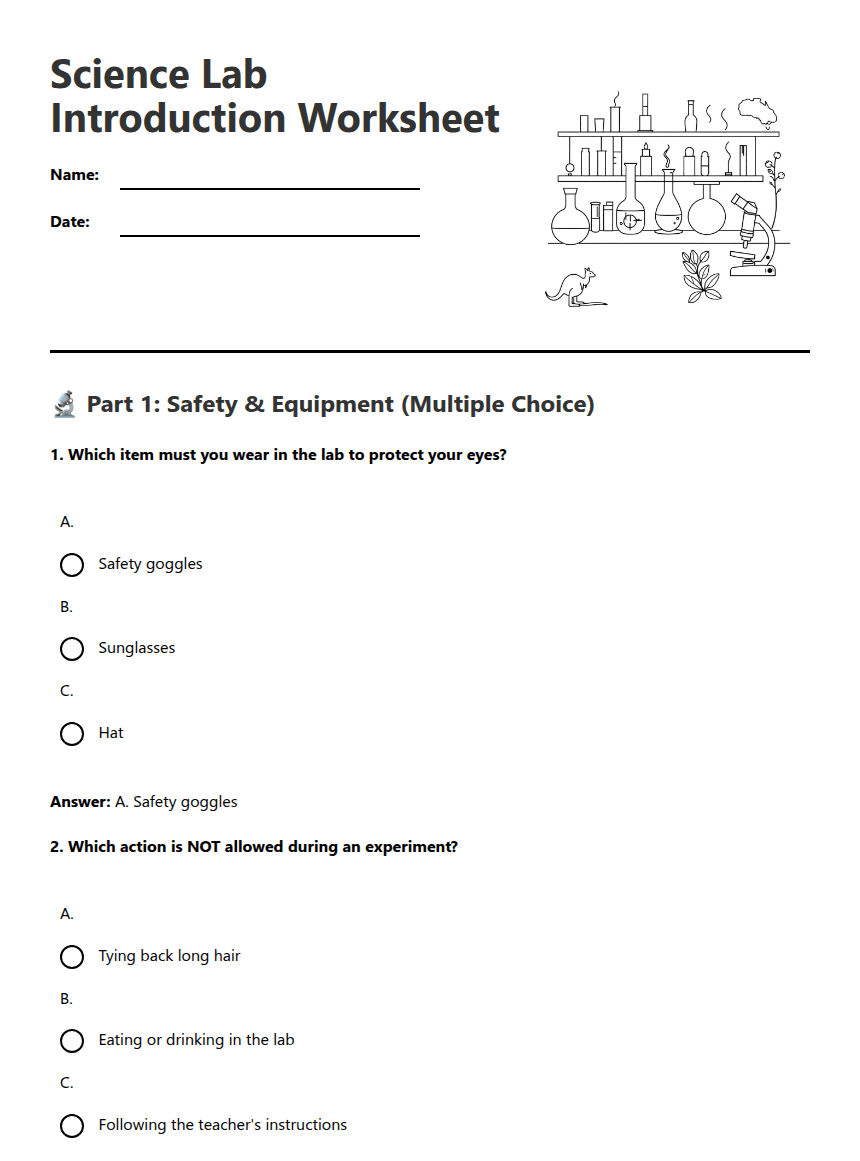 Science Lab Introduction Worksheet worksheet preview