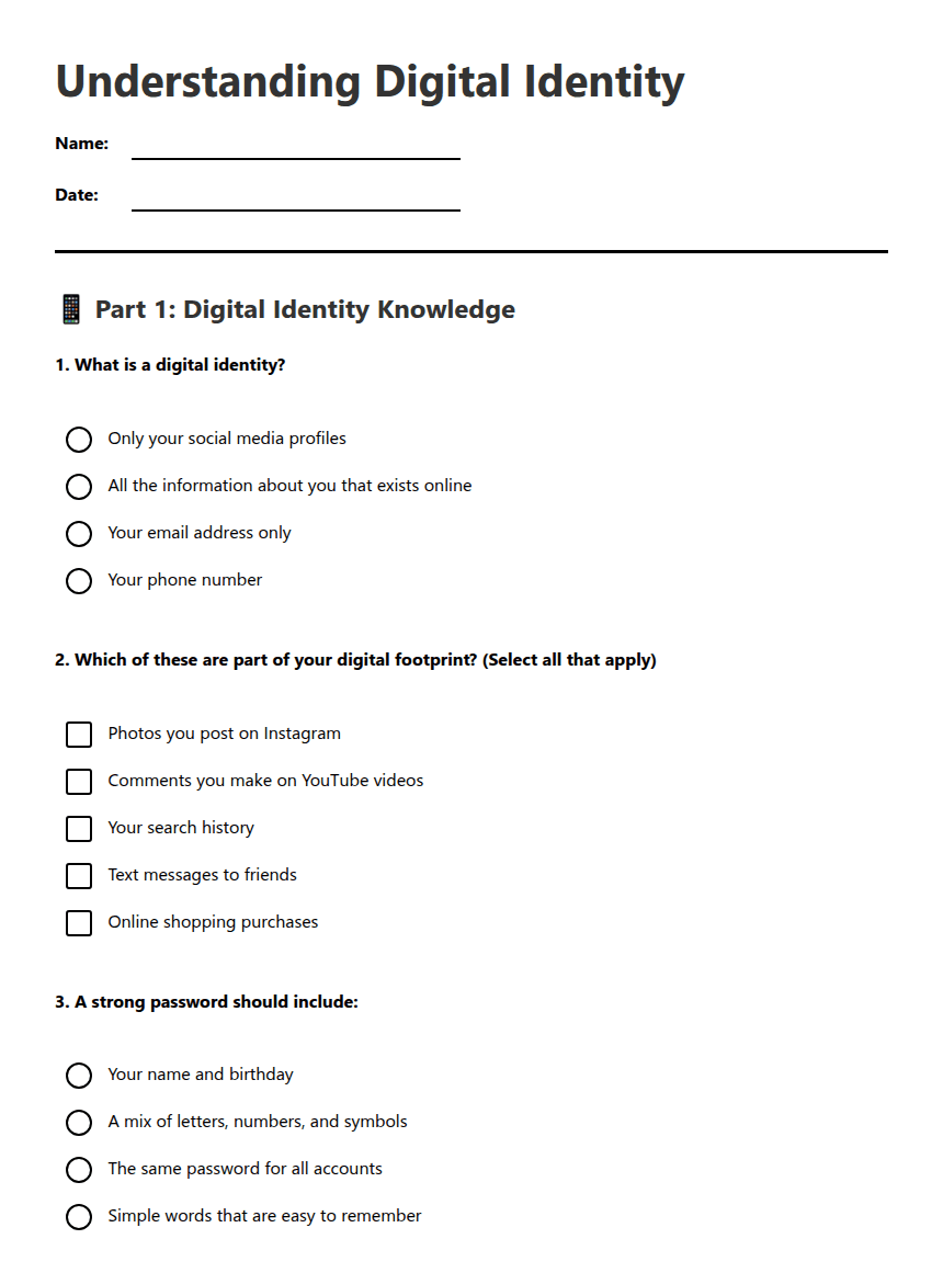Understanding Digital Identity worksheet preview