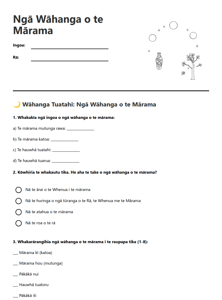 Marama Phases Worksheet worksheet preview