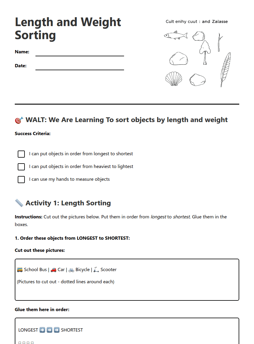Length and Weight Sorting worksheet preview