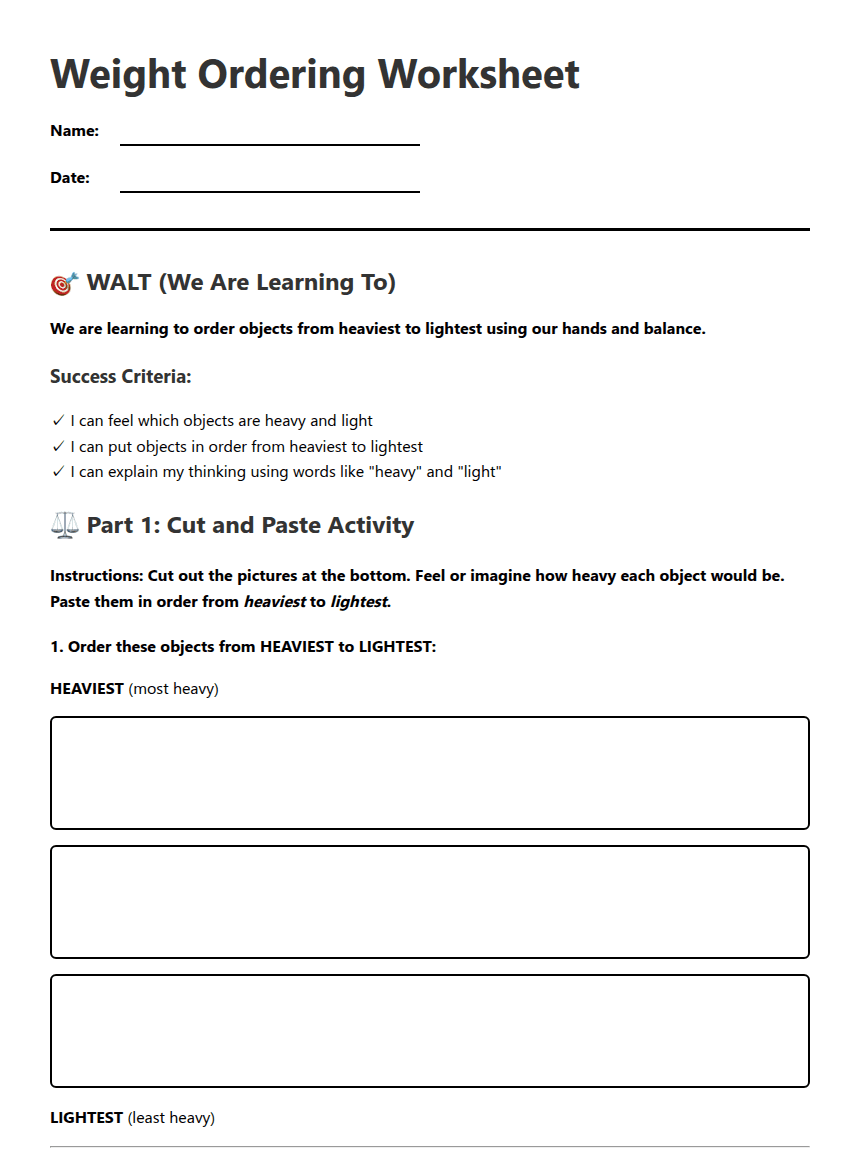 Weight Ordering Worksheet worksheet preview