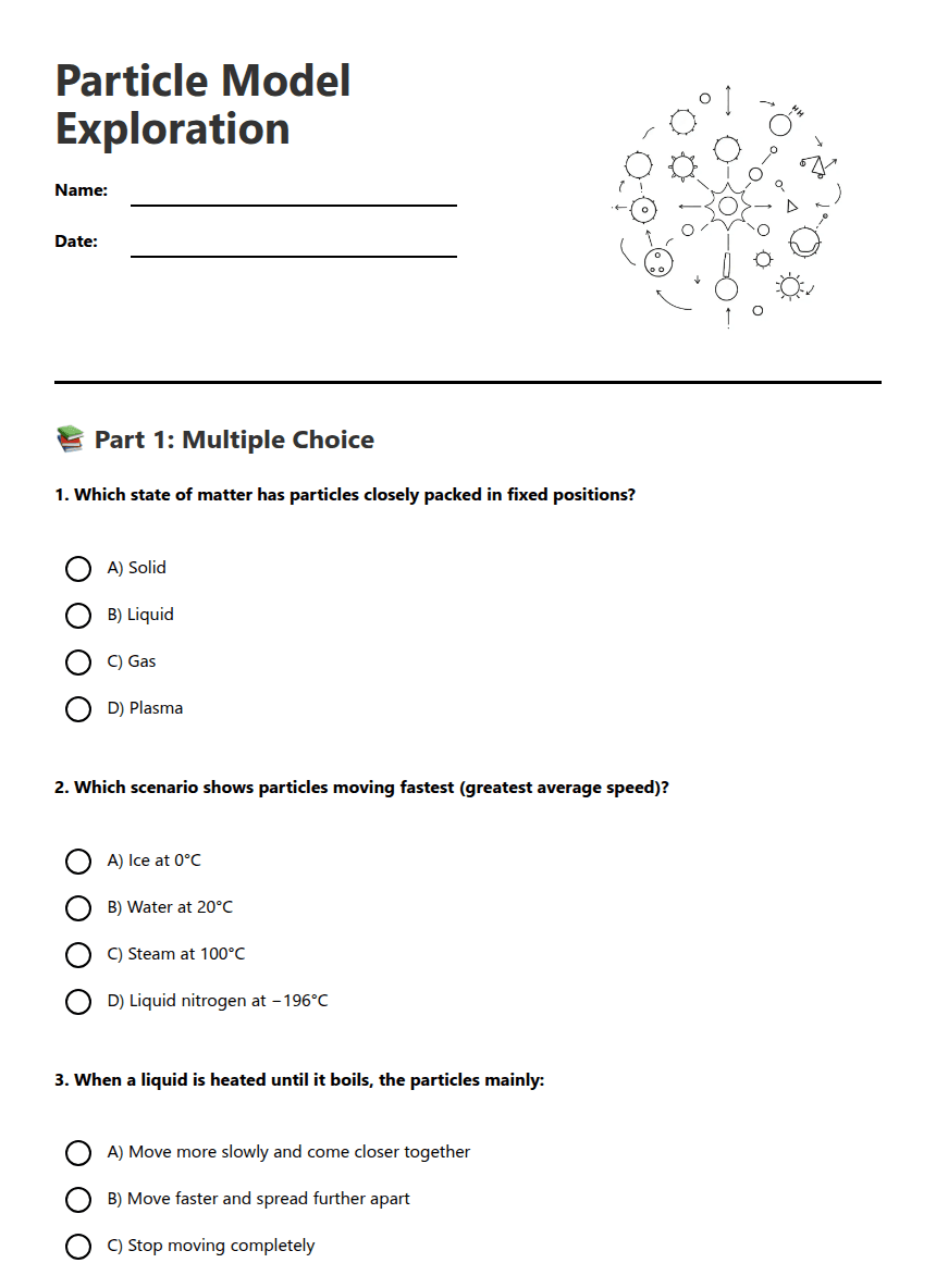 Particle Model Exploration worksheet preview
