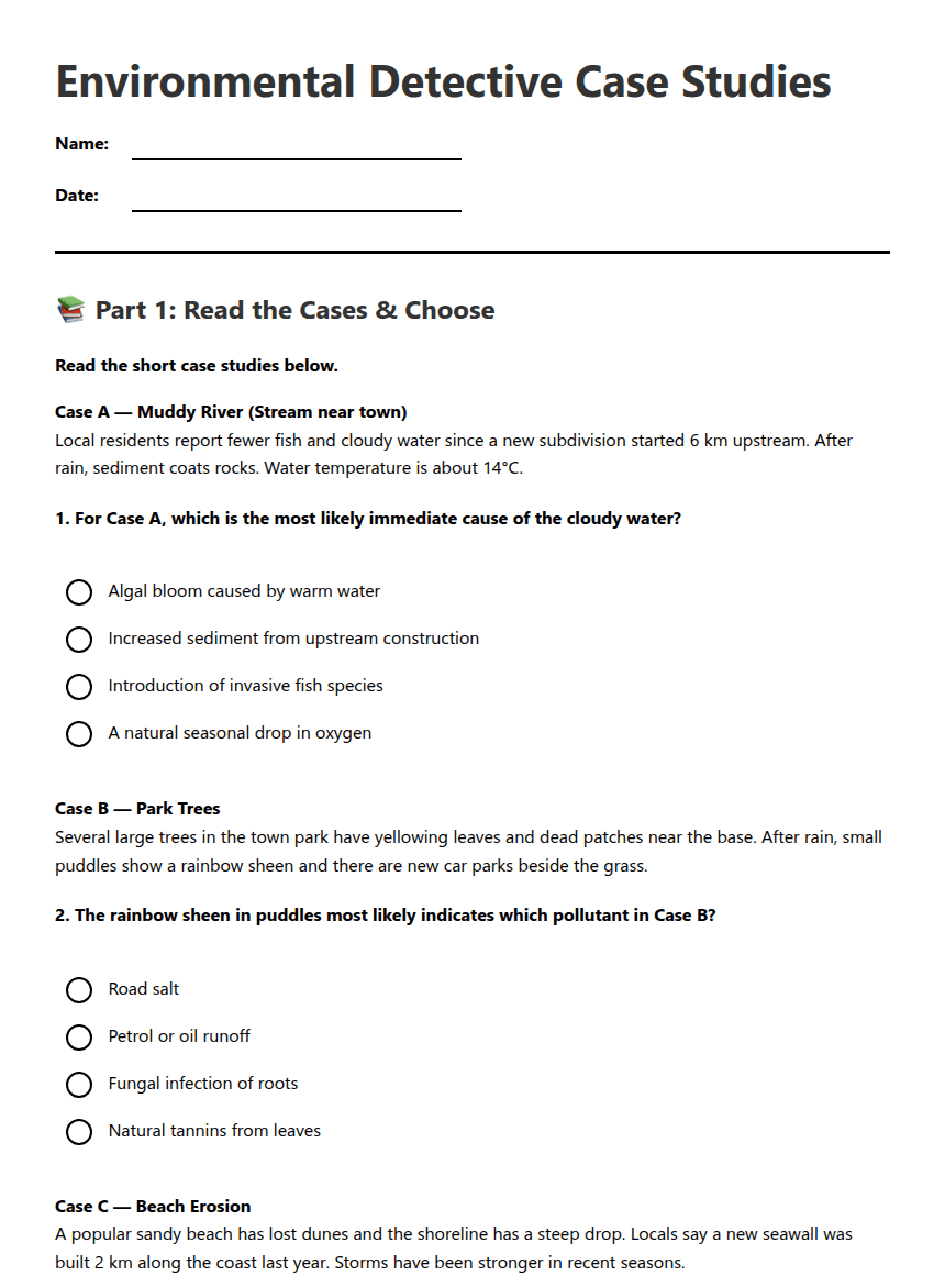 Environmental Detective Case Studies worksheet preview