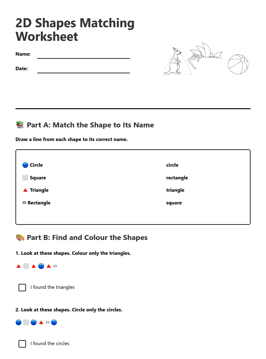 2D Shapes Matching Worksheet worksheet preview