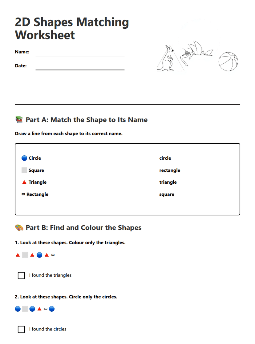2D Shapes Matching Worksheet