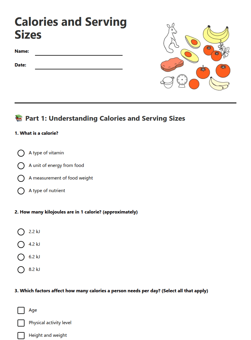 Calories and Serving Sizes worksheet preview