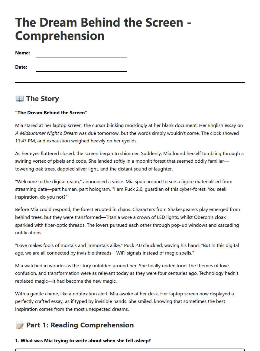 Dream Behind the Screen Comprehension worksheet preview