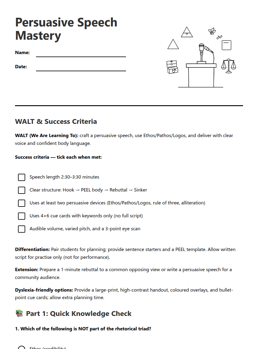 Persuasive Speech Mastery worksheet preview