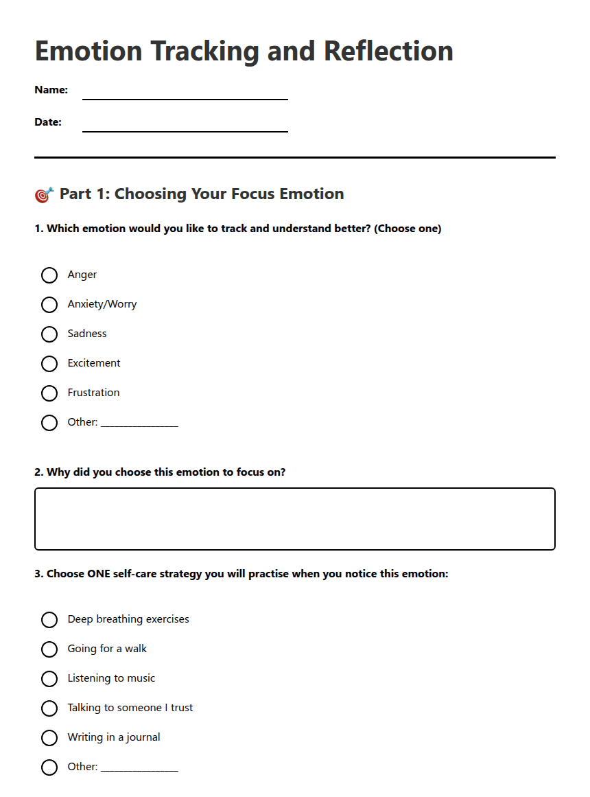 Emotion Tracking and Reflection worksheet preview