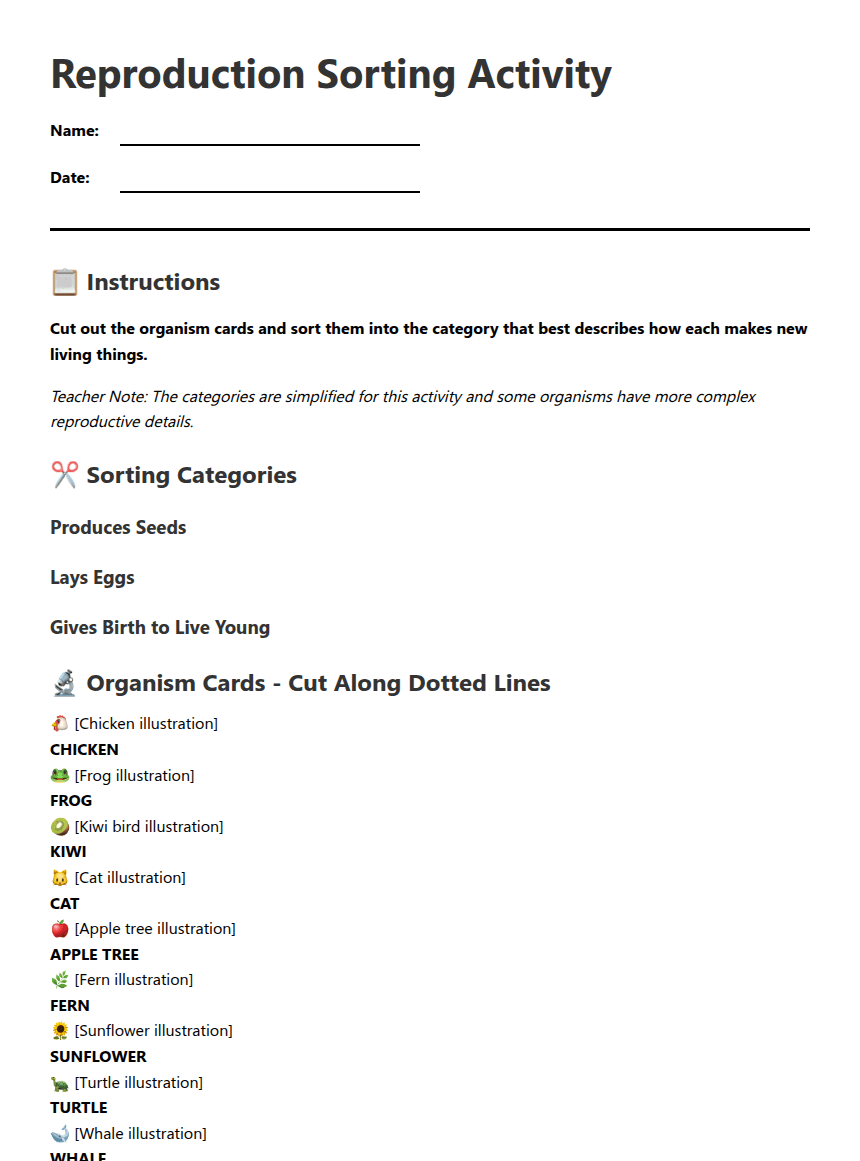 Reproduction Sorting Activity worksheet preview