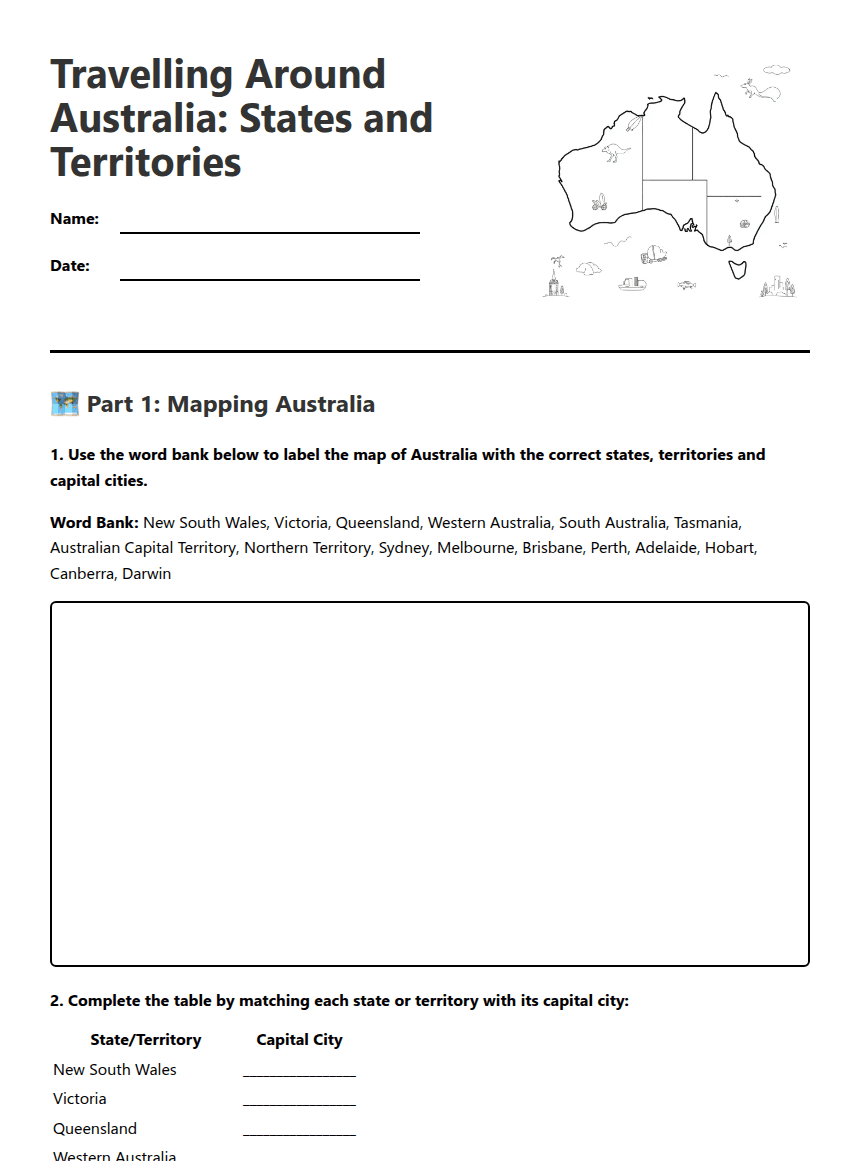 Australia's States and Territories worksheet preview