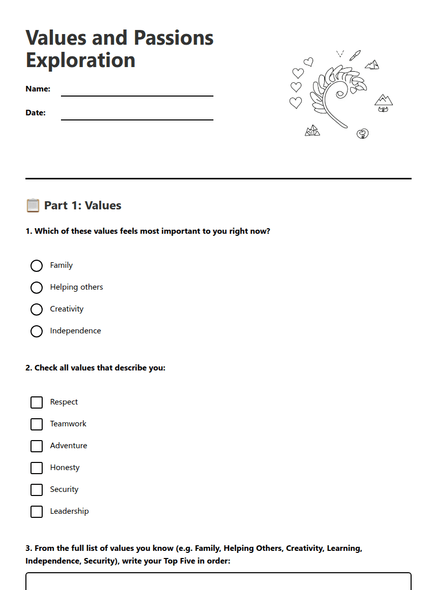 Values and Passions Exploration worksheet preview