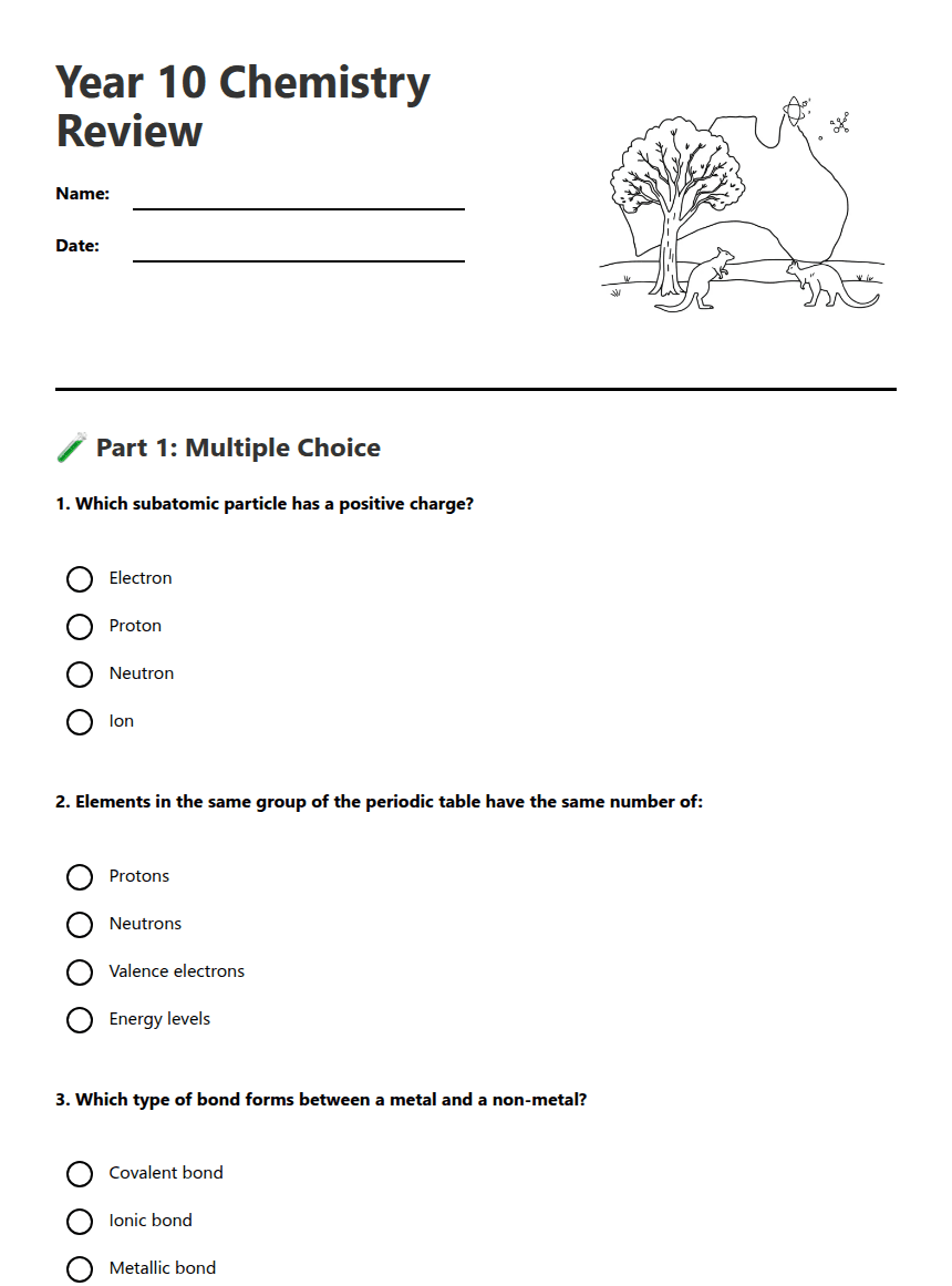 Year 10 Chemistry Review worksheet preview