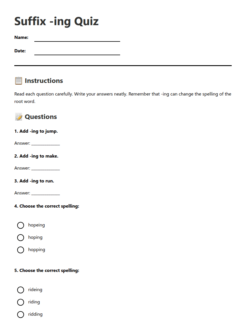 Suffix -ing Quiz worksheet preview