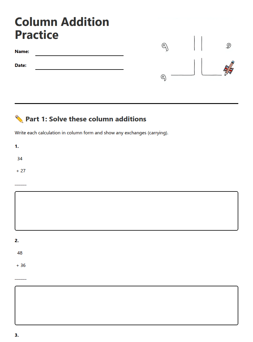 Column Addition Practice worksheet preview