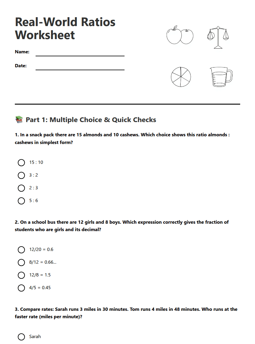 Real-World Ratios Worksheet worksheet preview